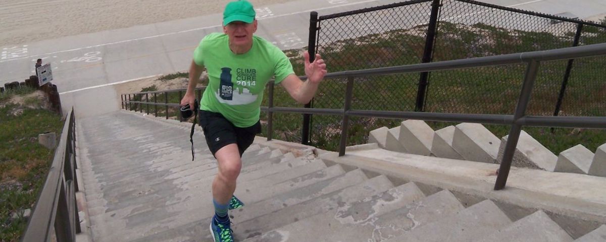 Older adult running on stairs